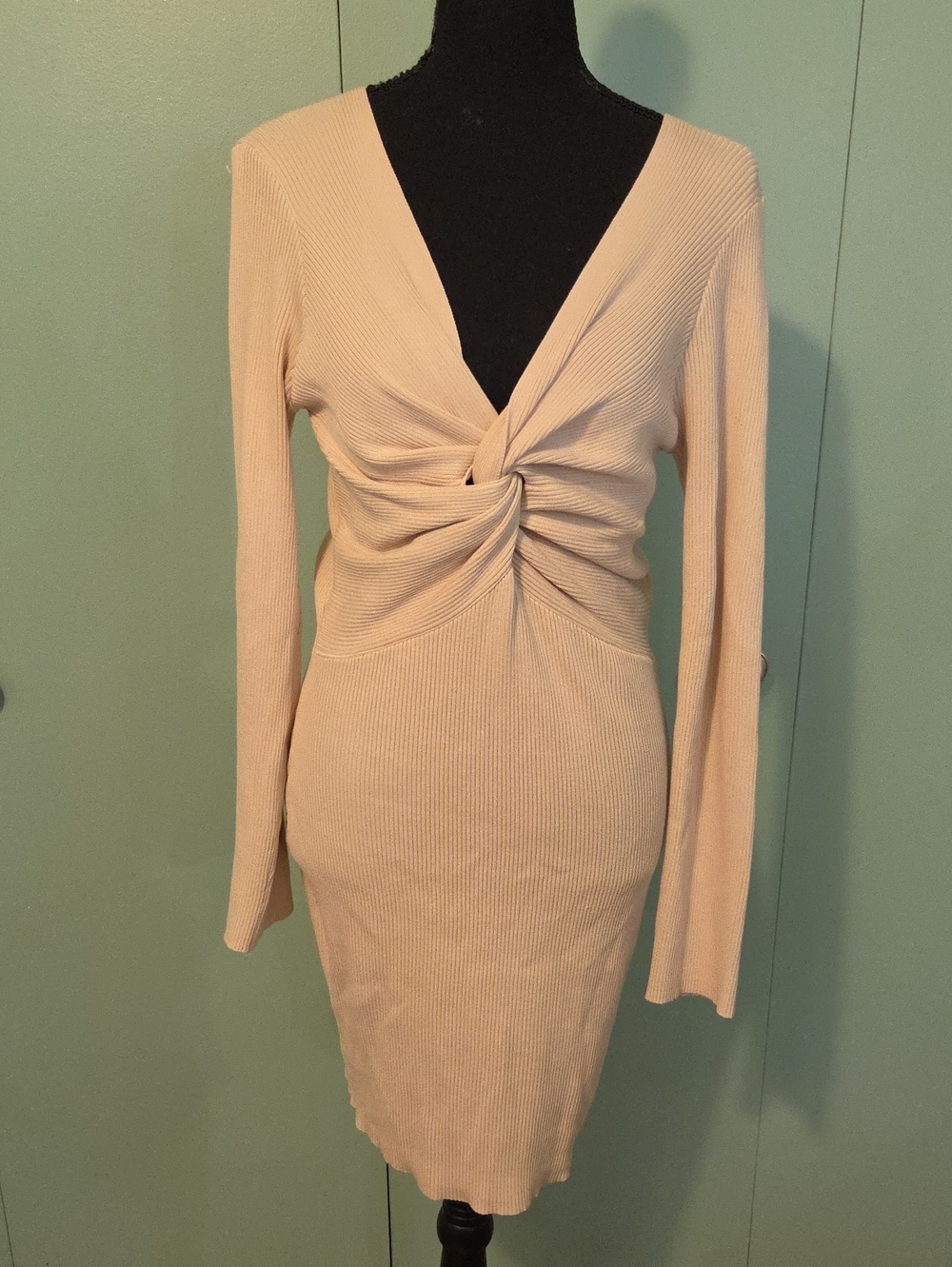 Hyfve Cream Twist-Front Ribbed Long-Sleeve Dress Size Large